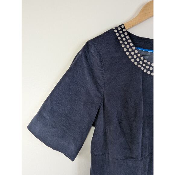 Boden Embroidered Dotted Neckline Short Sleeve Shift Dress in Navy - Picture 2 of 7